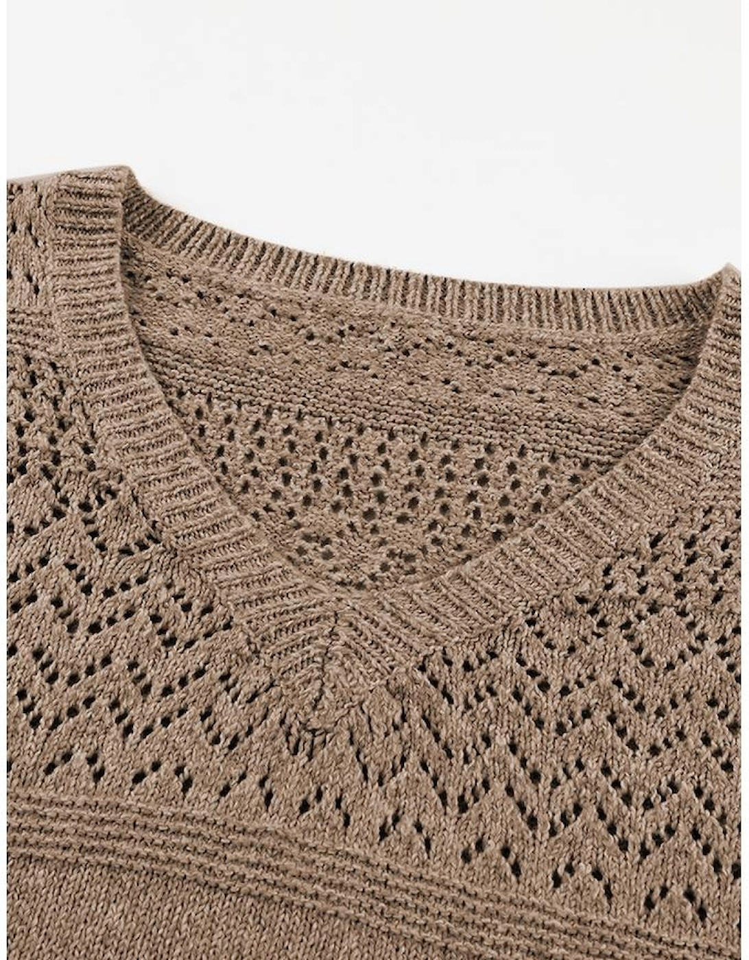 Camel Eyelet Pattern Detail V Neck Drop Shoulder Sweater