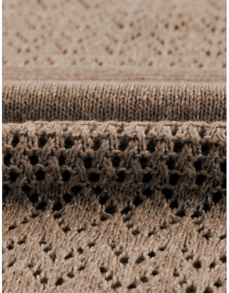 Camel Eyelet Pattern Detail V Neck Drop Shoulder Sweater