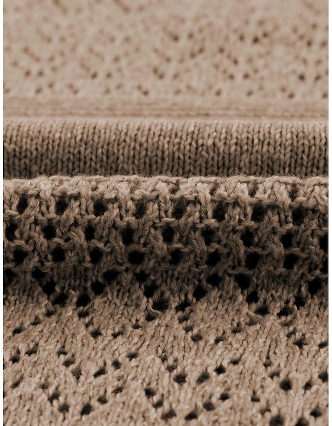 Camel Eyelet Pattern Detail V Neck Drop Shoulder Sweater