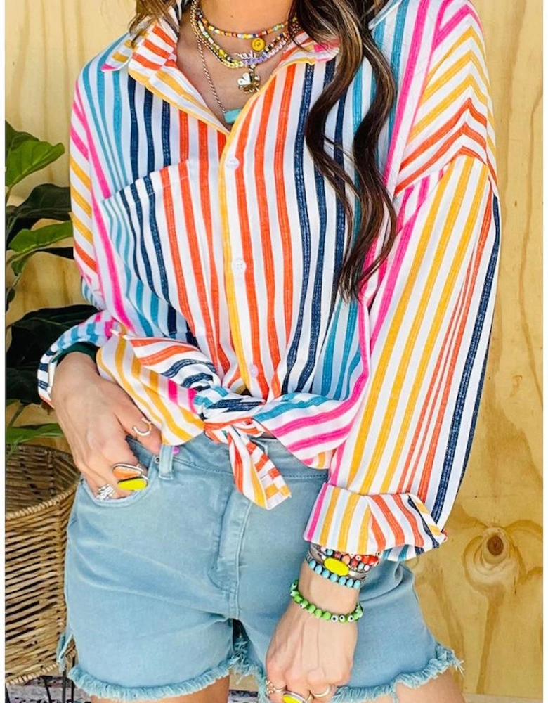 Orange Stripe Multicolor Drop Shoulder Loose Shirt