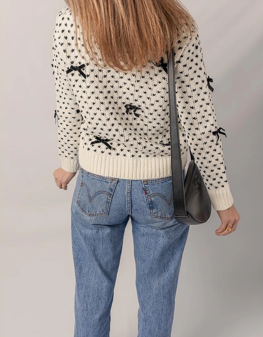 Beige Bow Decor Color Contrast Ribbed Edge Crew Neck Sweater, 16 of 15