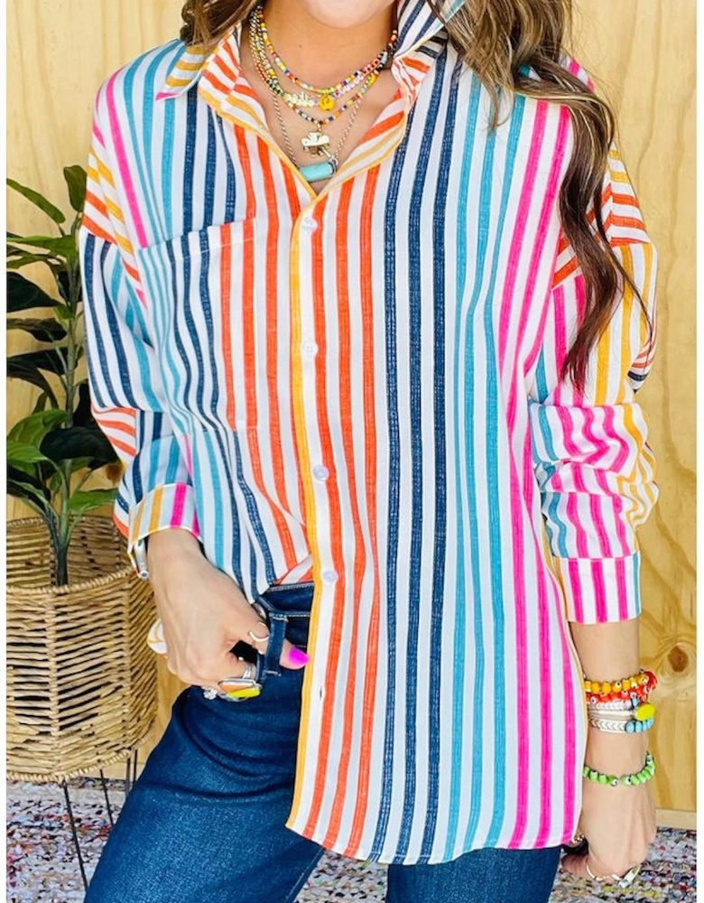 Orange Stripe Multicolor Drop Shoulder Loose Shirt