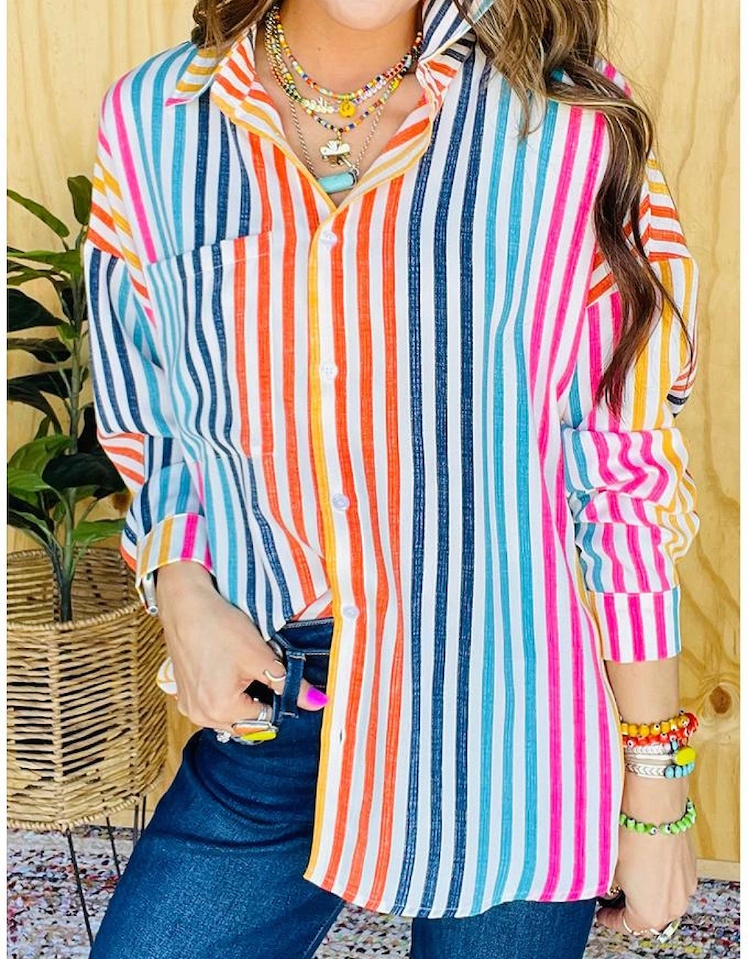 Orange Stripe Multicolor Drop Shoulder Loose Shirt