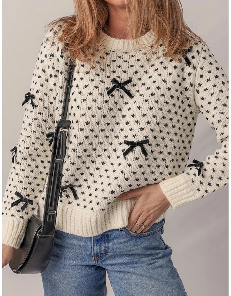 Beige Bow Decor Color Contrast Ribbed Edge Crew Neck Sweater