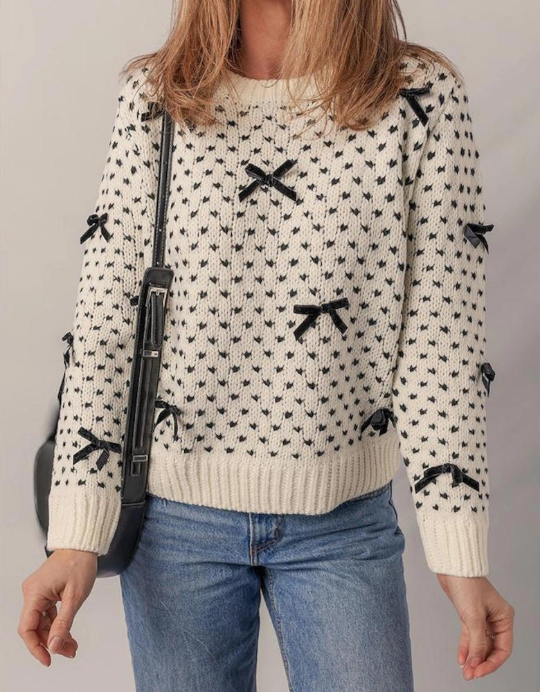 Beige Bow Decor Color Contrast Ribbed Edge Crew Neck Sweater