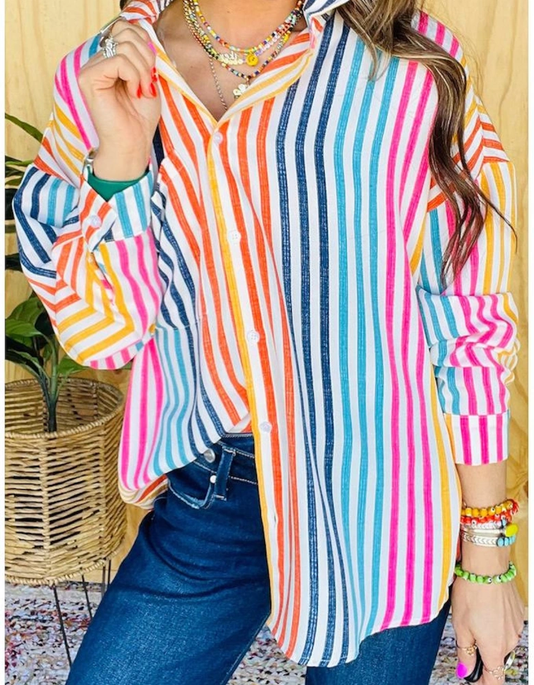 Orange Stripe Multicolor Drop Shoulder Loose Shirt