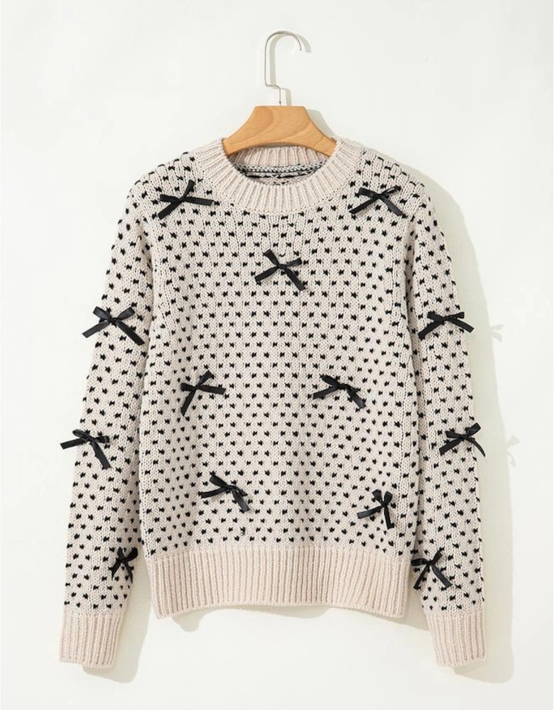 Beige Bow Decor Color Contrast Ribbed Edge Crew Neck Sweater