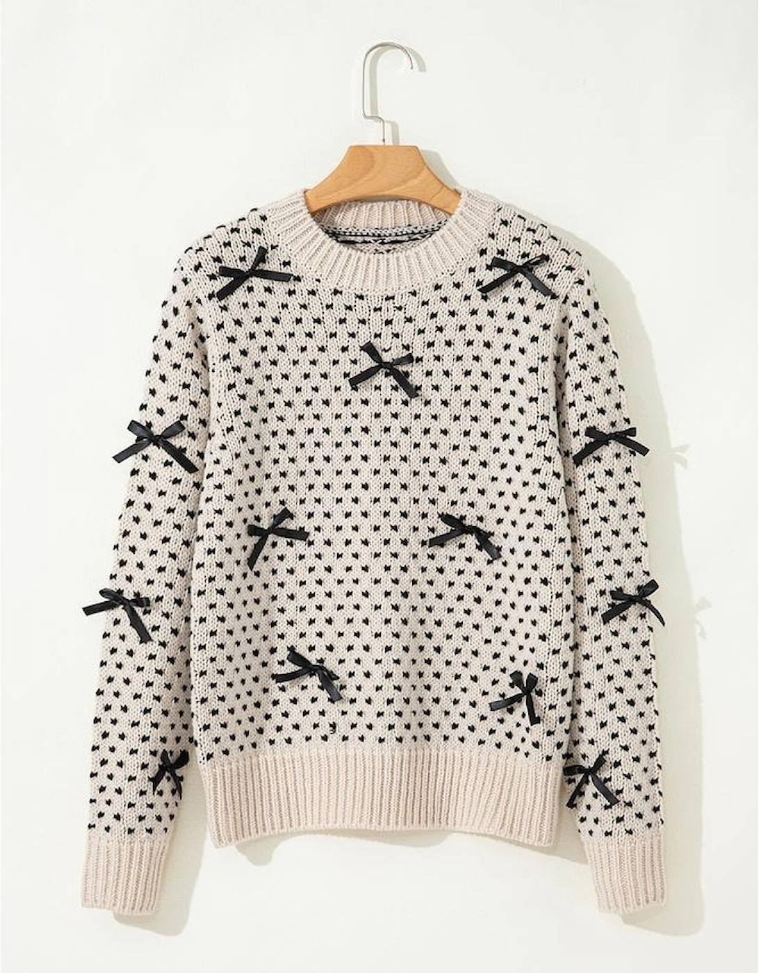 Beige Bow Decor Color Contrast Ribbed Edge Crew Neck Sweater