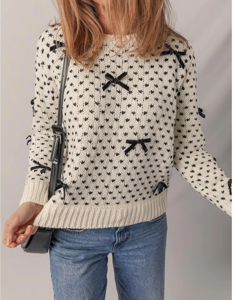 Beige Bow Decor Color Contrast Ribbed Edge Crew Neck Sweater