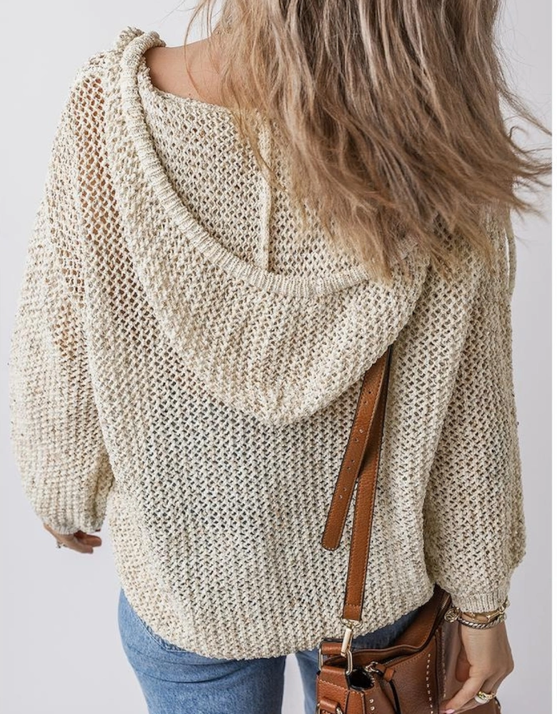 Jet Stream Hollow-out Kangaroo Pocket V Neck Hooded Sweater