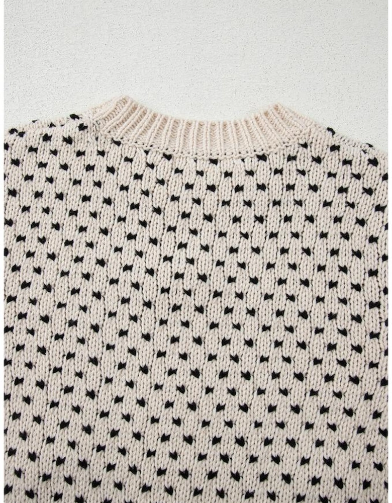 Beige Bow Decor Color Contrast Ribbed Edge Crew Neck Sweater