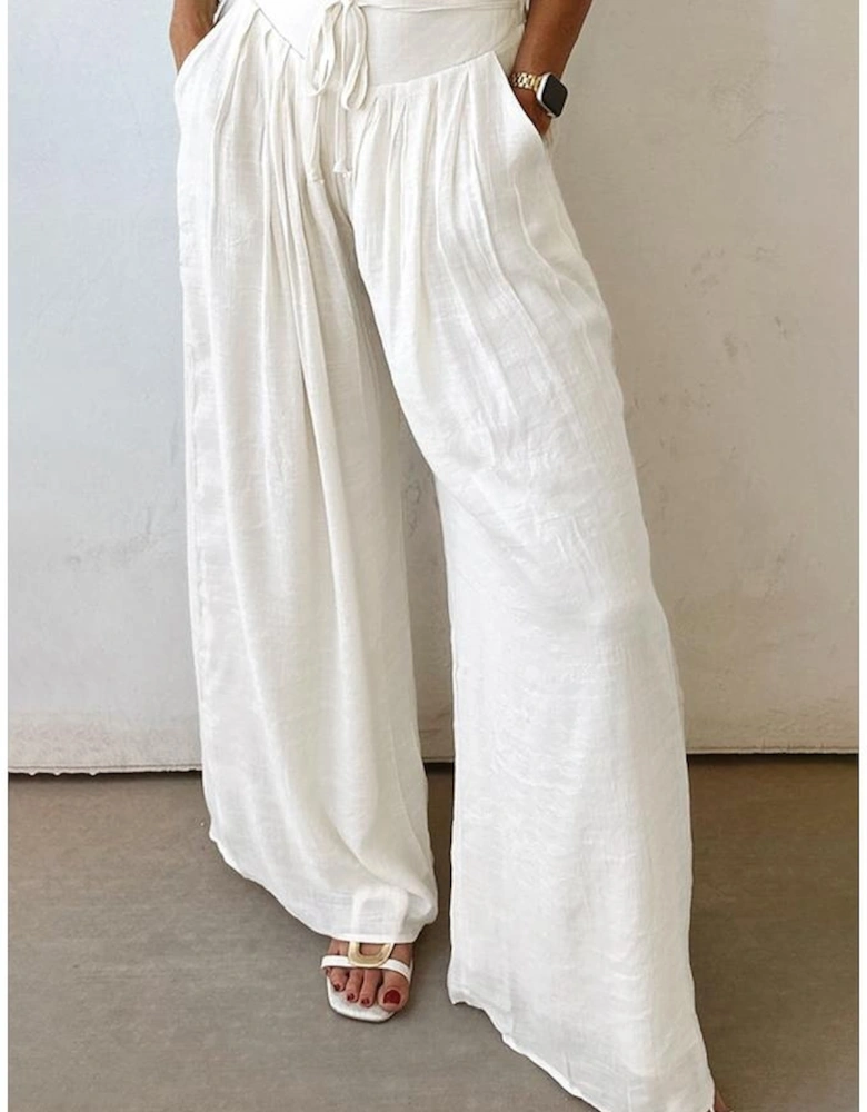 White Solid Drop Waist Pleated Wide Leg Casual Pants