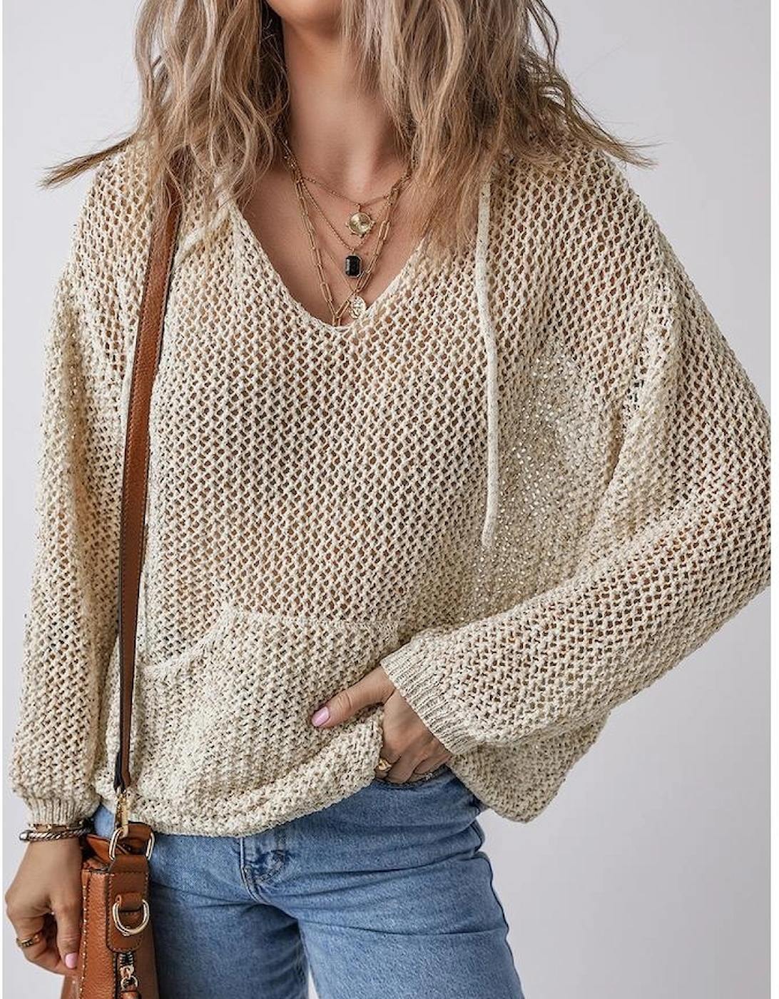 Jet Stream Hollow-out Kangaroo Pocket V Neck Hooded Sweater