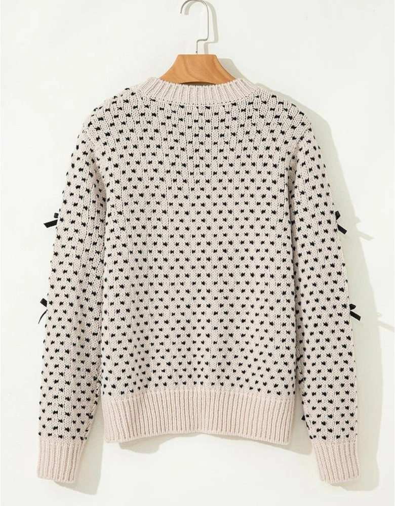 Beige Bow Decor Color Contrast Ribbed Edge Crew Neck Sweater
