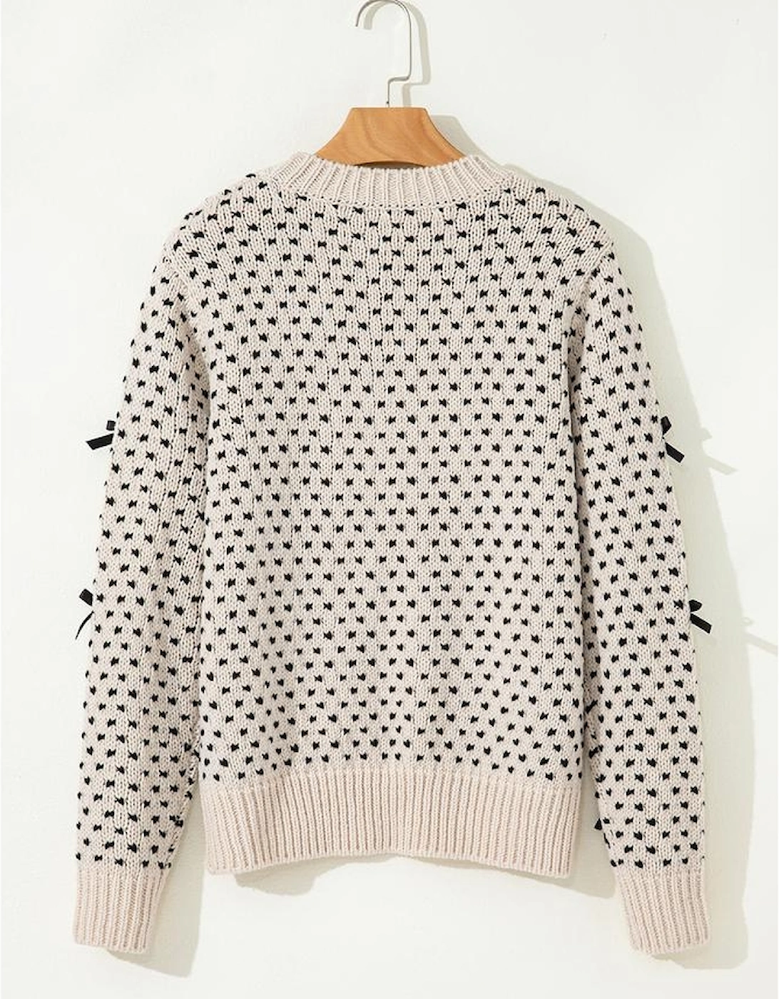 Beige Bow Decor Color Contrast Ribbed Edge Crew Neck Sweater