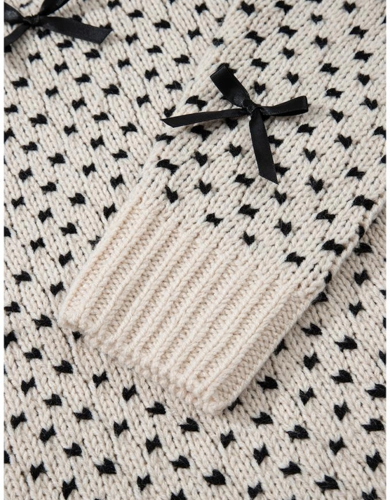 Beige Bow Decor Color Contrast Ribbed Edge Crew Neck Sweater