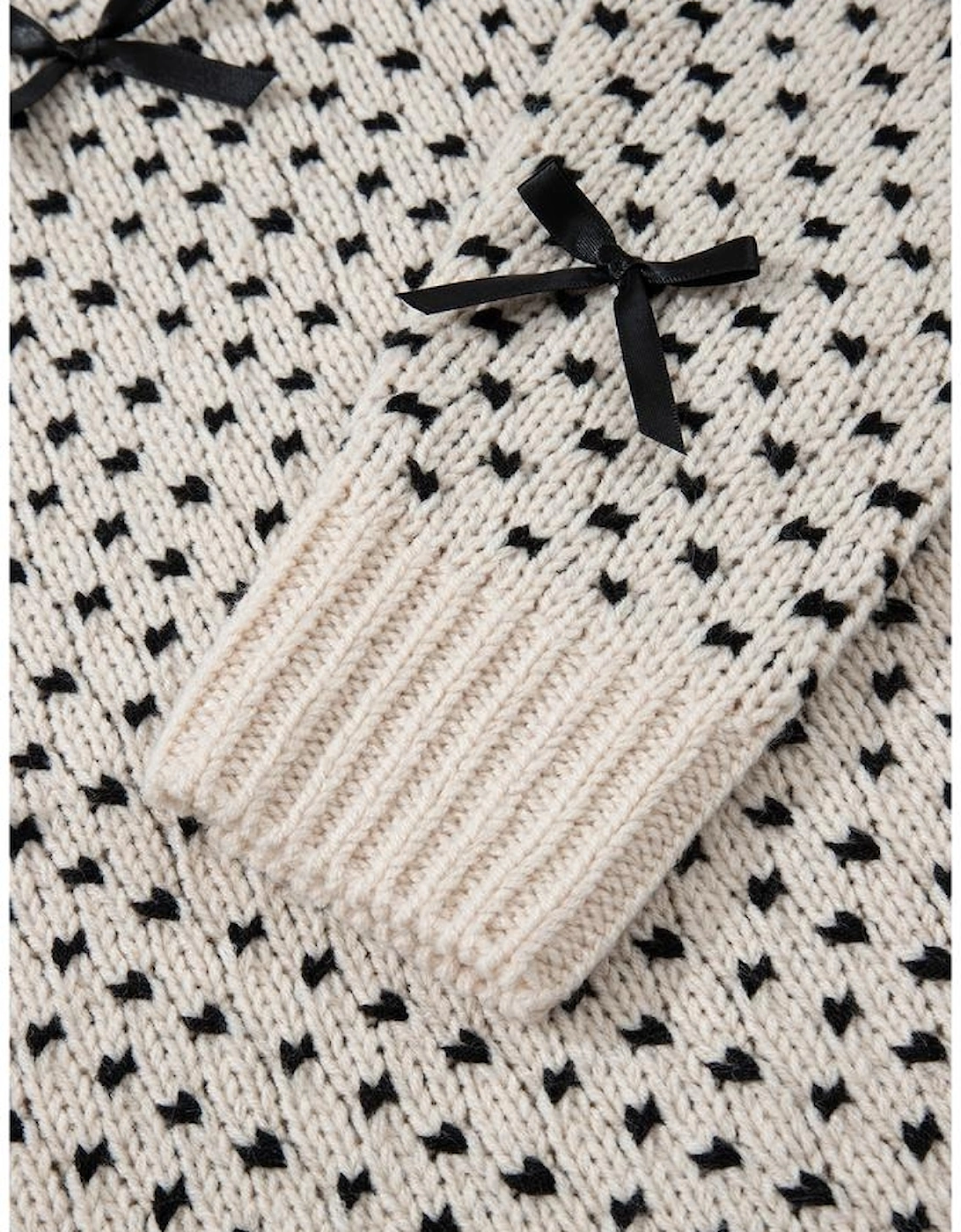 Beige Bow Decor Color Contrast Ribbed Edge Crew Neck Sweater