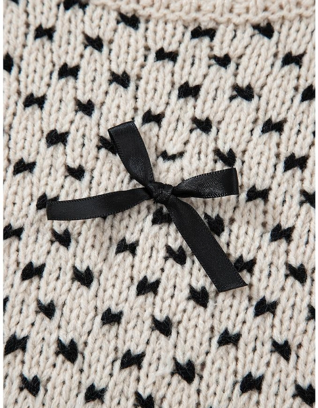 Beige Bow Decor Color Contrast Ribbed Edge Crew Neck Sweater