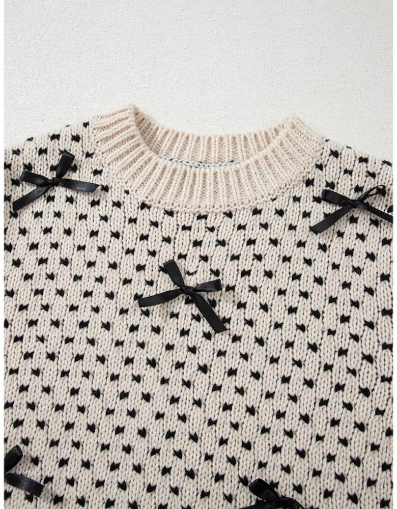 Beige Bow Decor Color Contrast Ribbed Edge Crew Neck Sweater