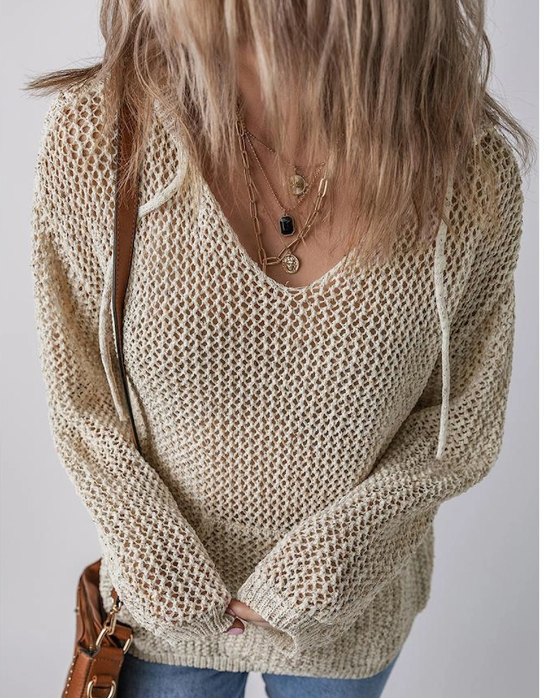 Jet Stream Hollow-out Kangaroo Pocket V Neck Hooded Sweater