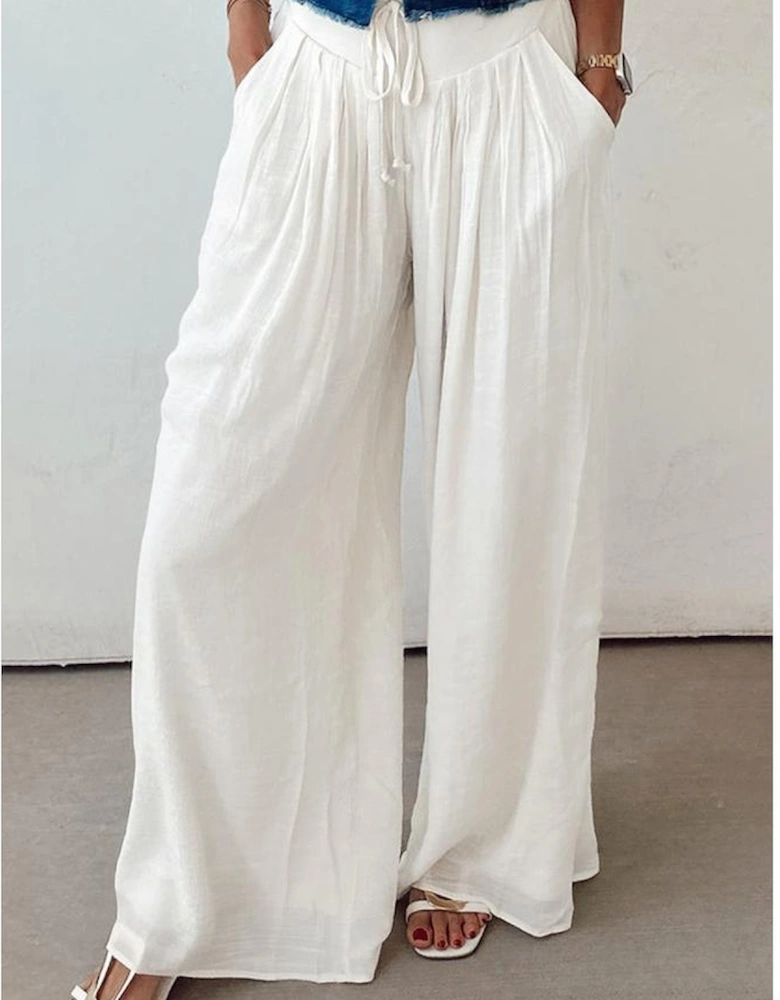 White Solid Drop Waist Pleated Wide Leg Casual Pants