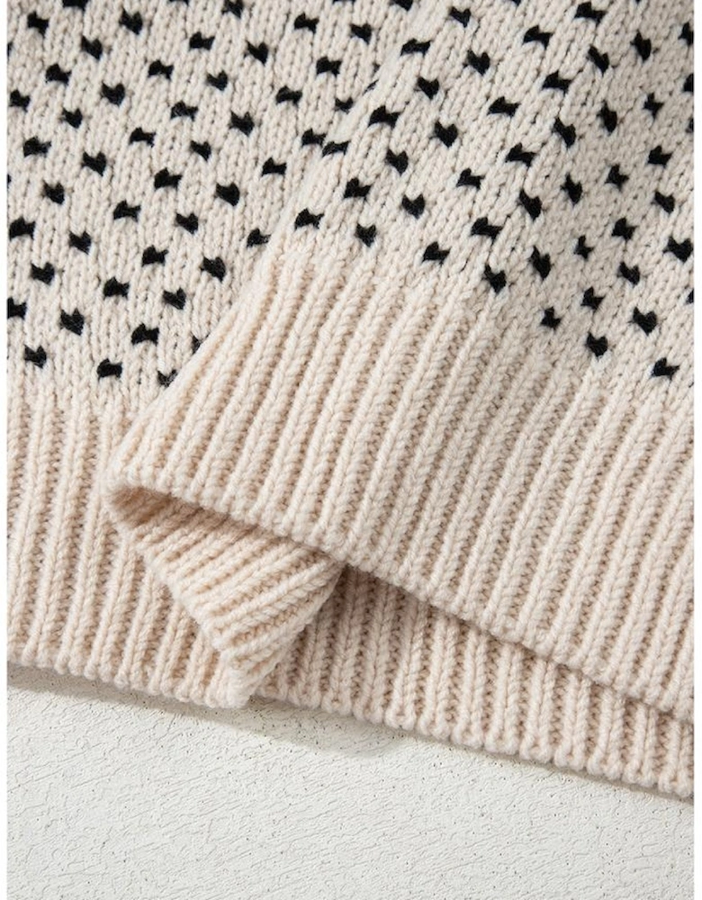 Beige Bow Decor Color Contrast Ribbed Edge Crew Neck Sweater