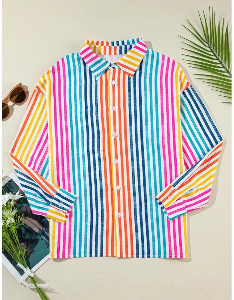 Orange Stripe Multicolor Drop Shoulder Loose Shirt