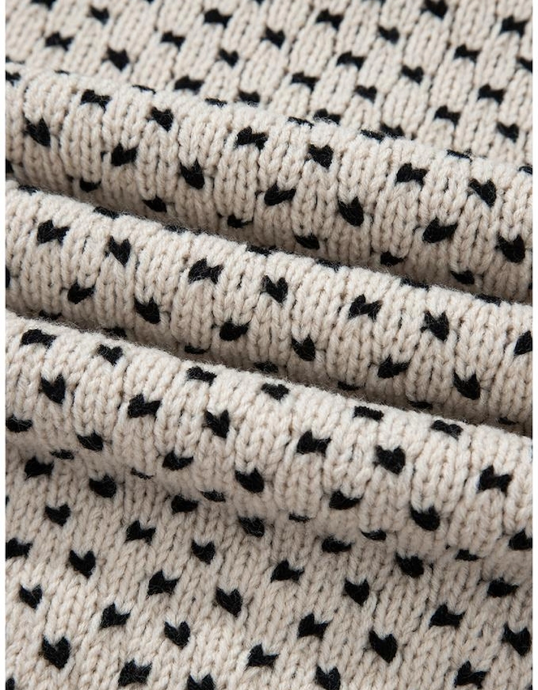 Beige Bow Decor Color Contrast Ribbed Edge Crew Neck Sweater