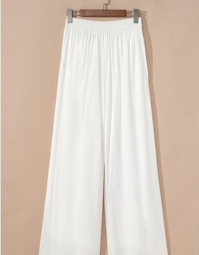 White Solid Drop Waist Pleated Wide Leg Casual Pants