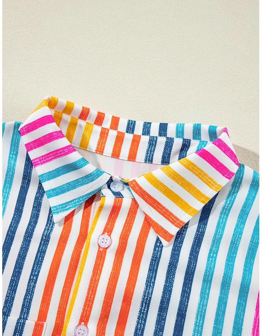 Orange Stripe Multicolor Drop Shoulder Loose Shirt