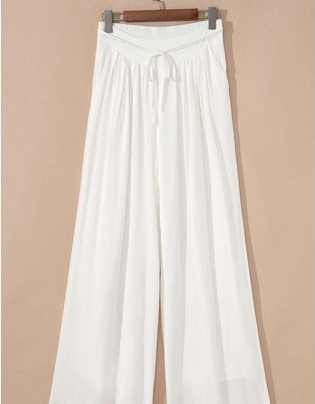 White Solid Drop Waist Pleated Wide Leg Casual Pants