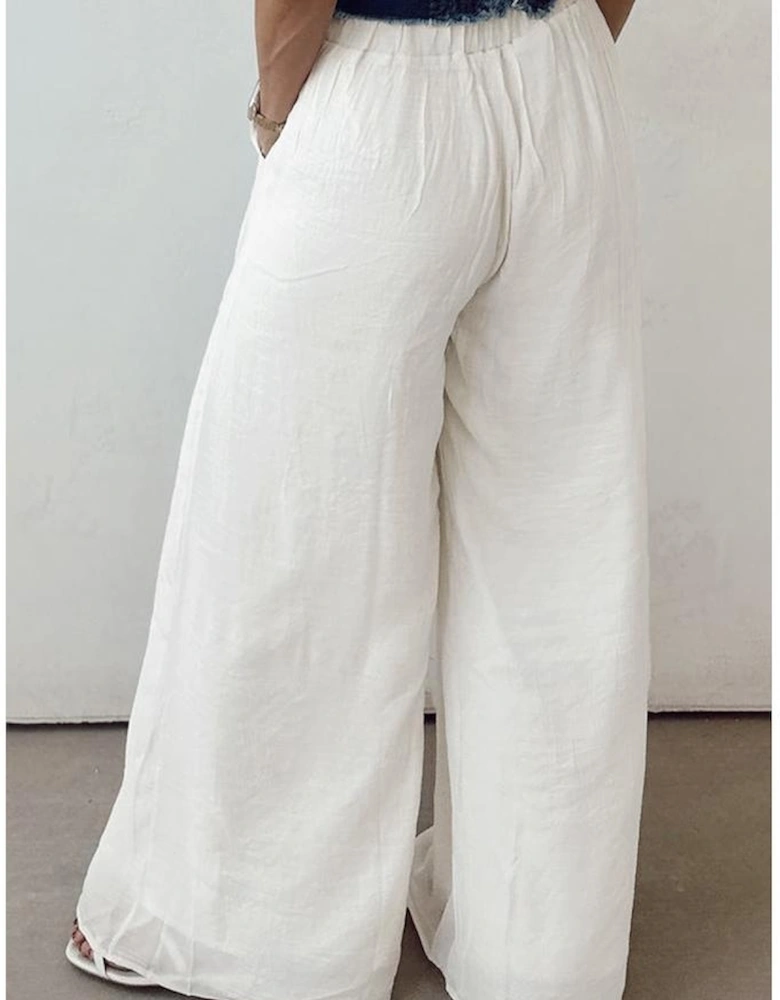 White Solid Drop Waist Pleated Wide Leg Casual Pants