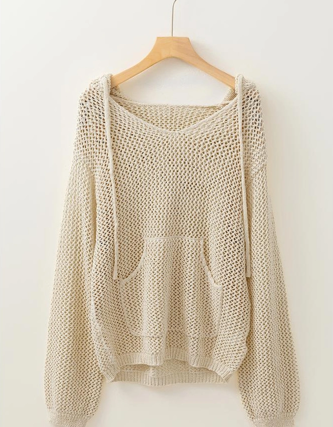 Jet Stream Hollow-out Kangaroo Pocket V Neck Hooded Sweater