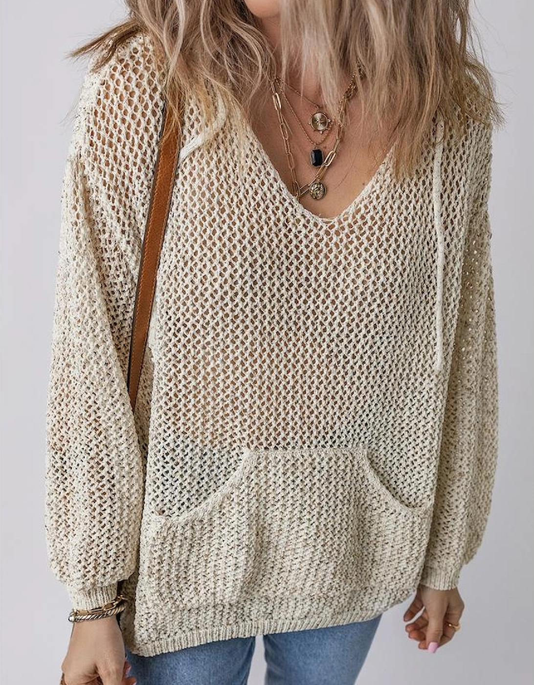 Jet Stream Hollow-out Kangaroo Pocket V Neck Hooded Sweater