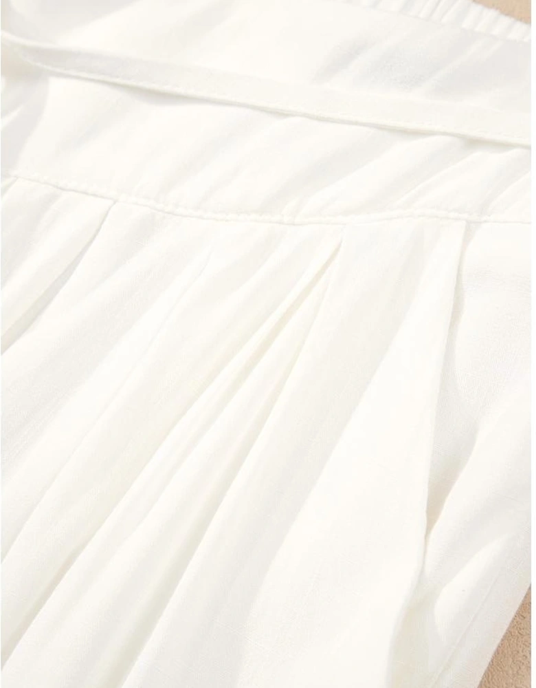 White Solid Drop Waist Pleated Wide Leg Casual Pants