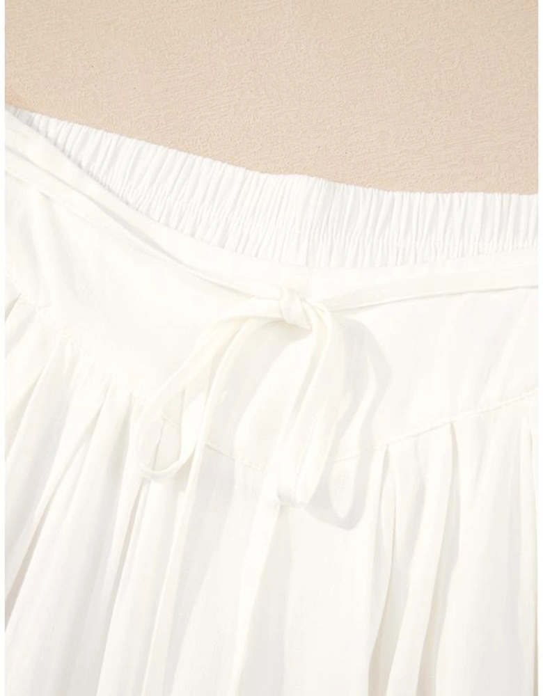 White Solid Drop Waist Pleated Wide Leg Casual Pants