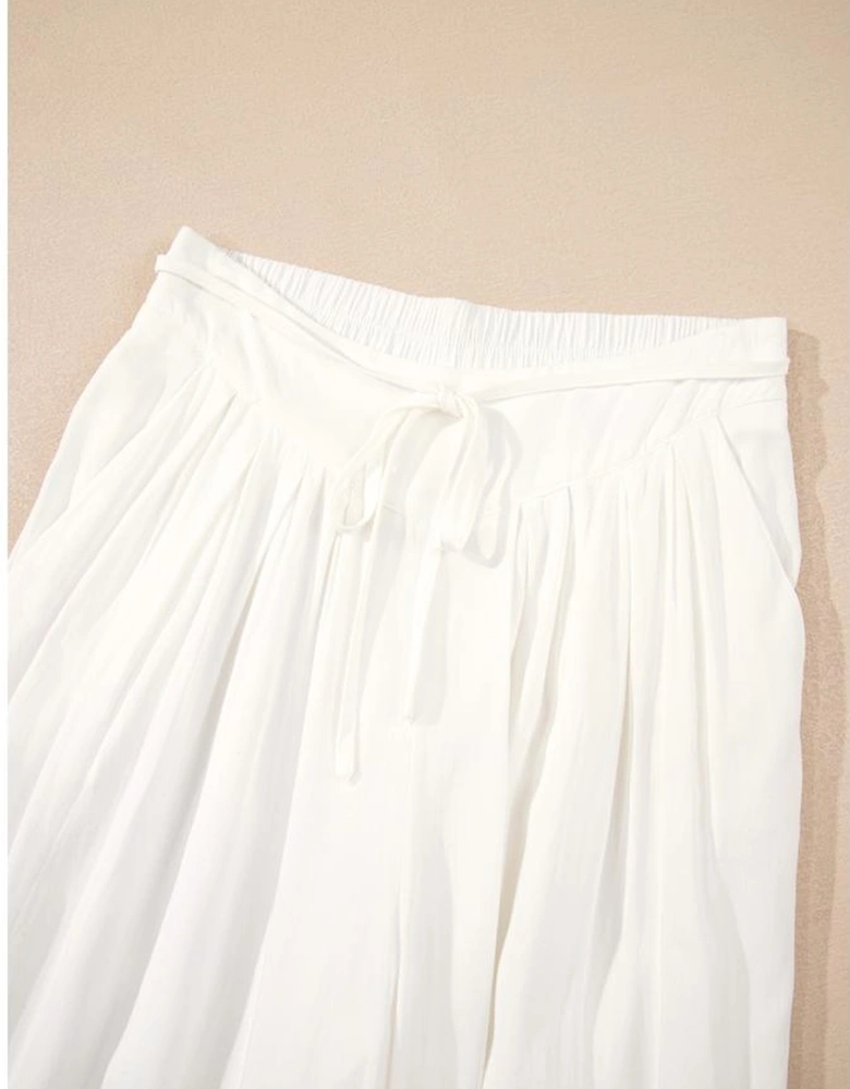 White Solid Drop Waist Pleated Wide Leg Casual Pants