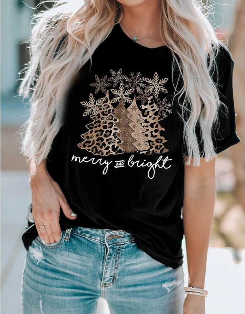 Black Leopard Christmas Tree Graphic Crew Neck T Shirt