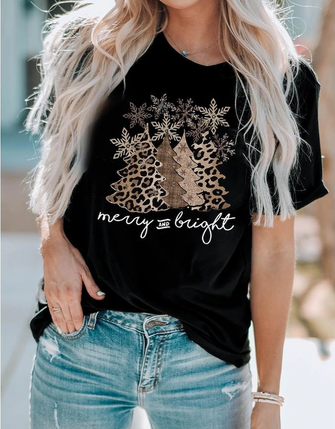 Black Leopard Christmas Tree Graphic Crew Neck T Shirt