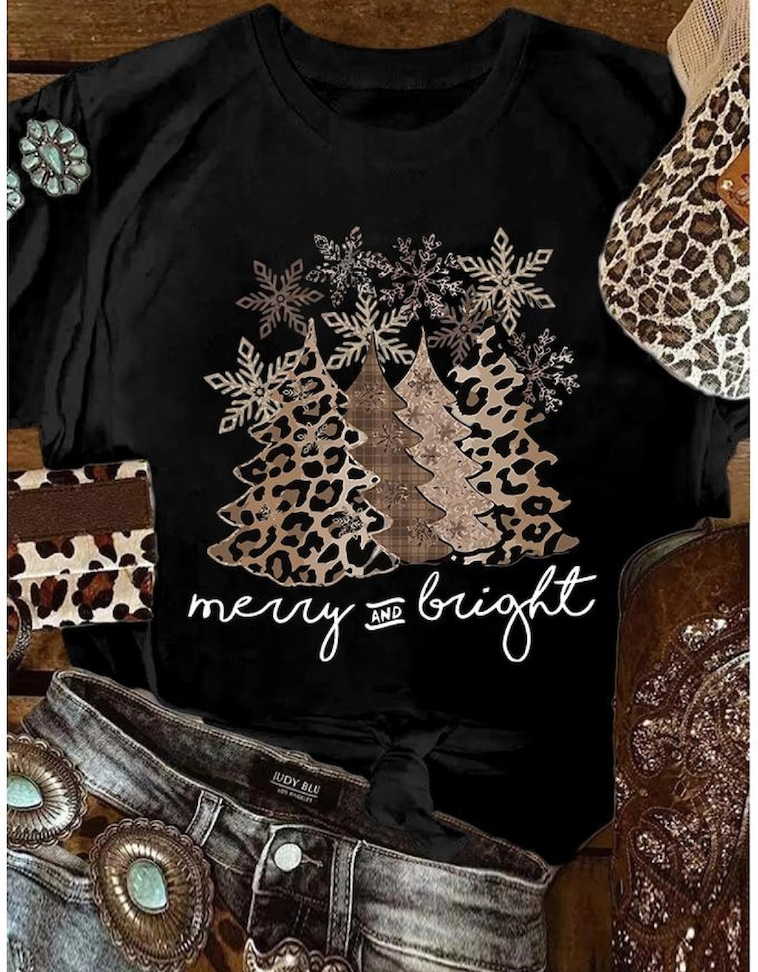 Black Leopard Christmas Tree Graphic Crew Neck T Shirt, 12 of 11