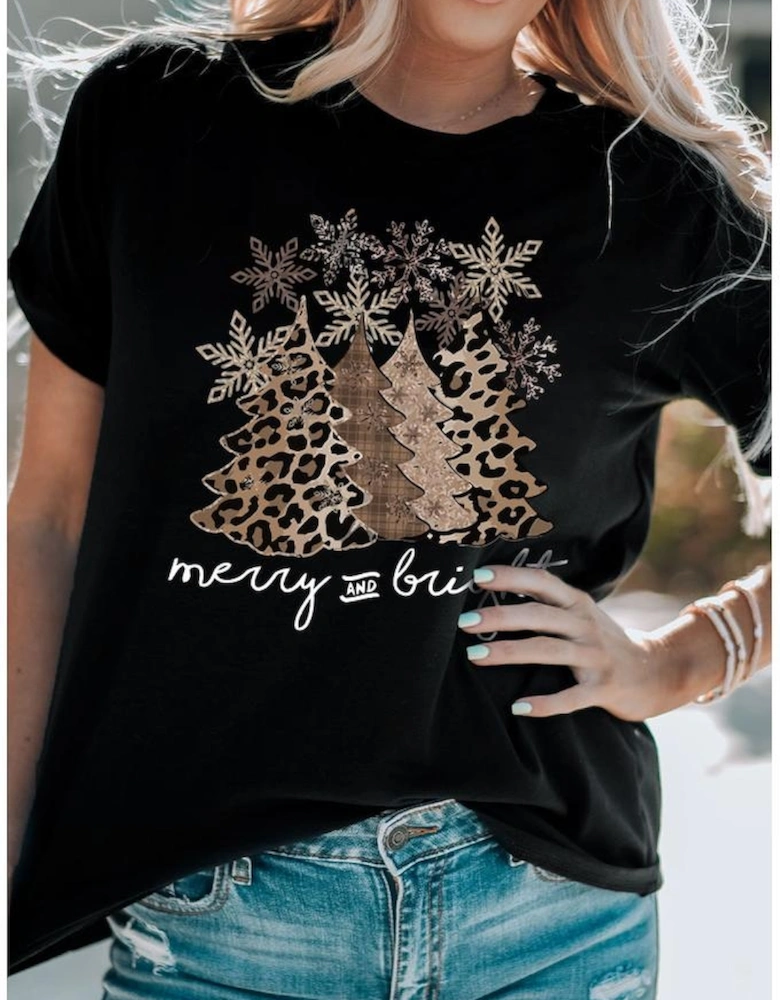 Black Leopard Christmas Tree Graphic Crew Neck T Shirt