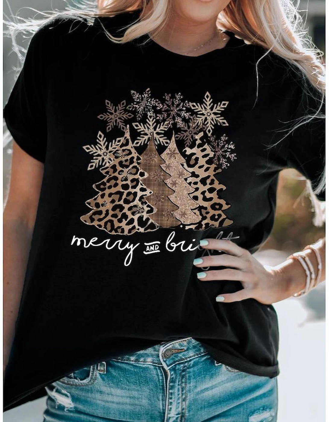 Black Leopard Christmas Tree Graphic Crew Neck T Shirt