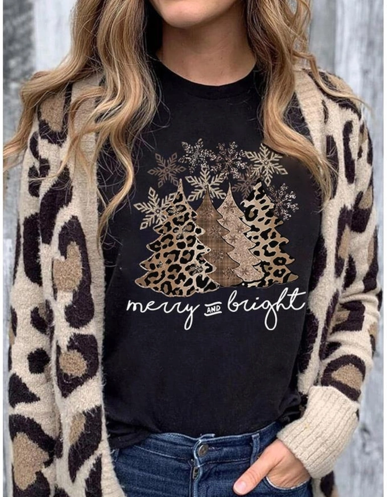 Black Leopard Christmas Tree Graphic Crew Neck T Shirt
