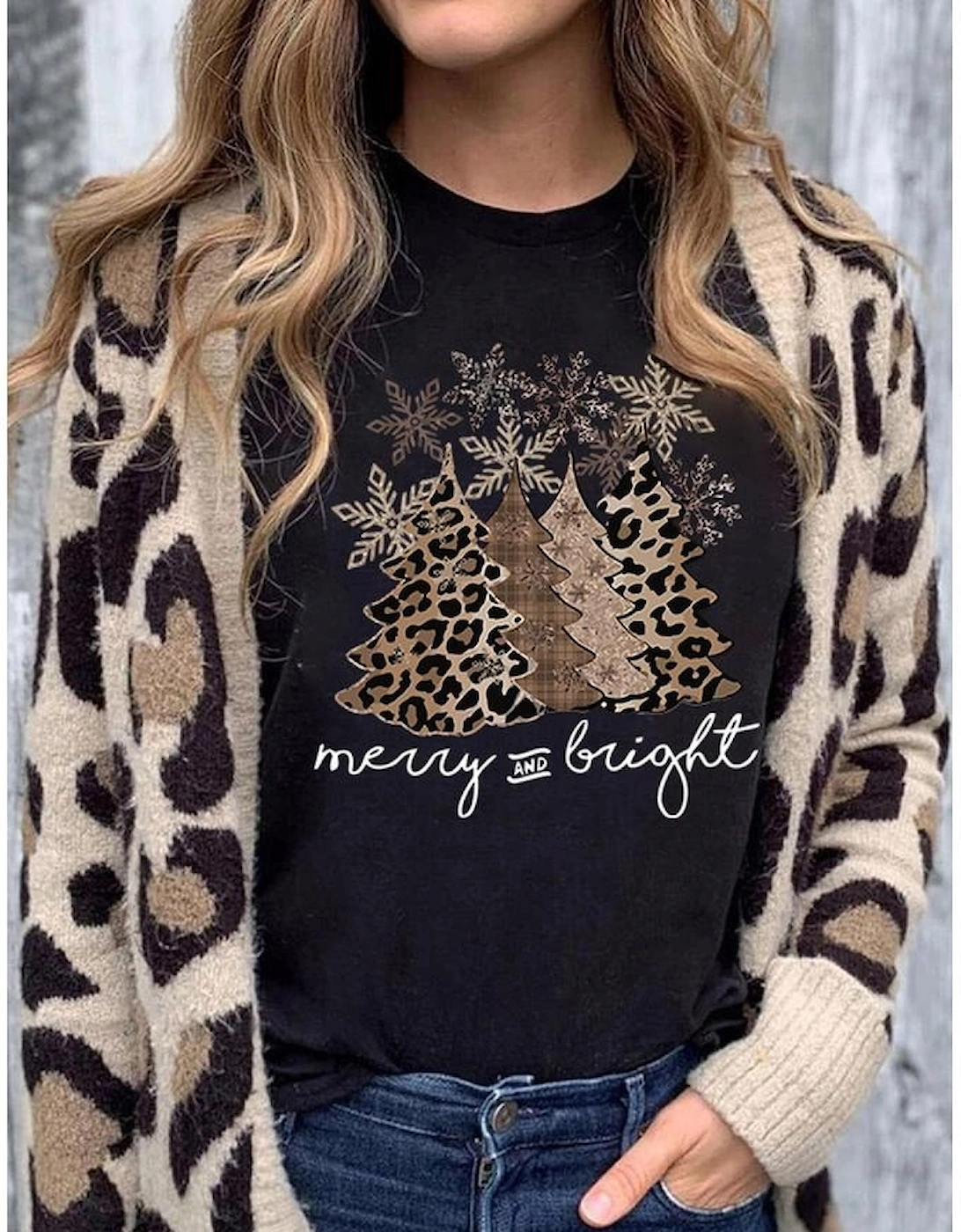 Black Leopard Christmas Tree Graphic Crew Neck T Shirt