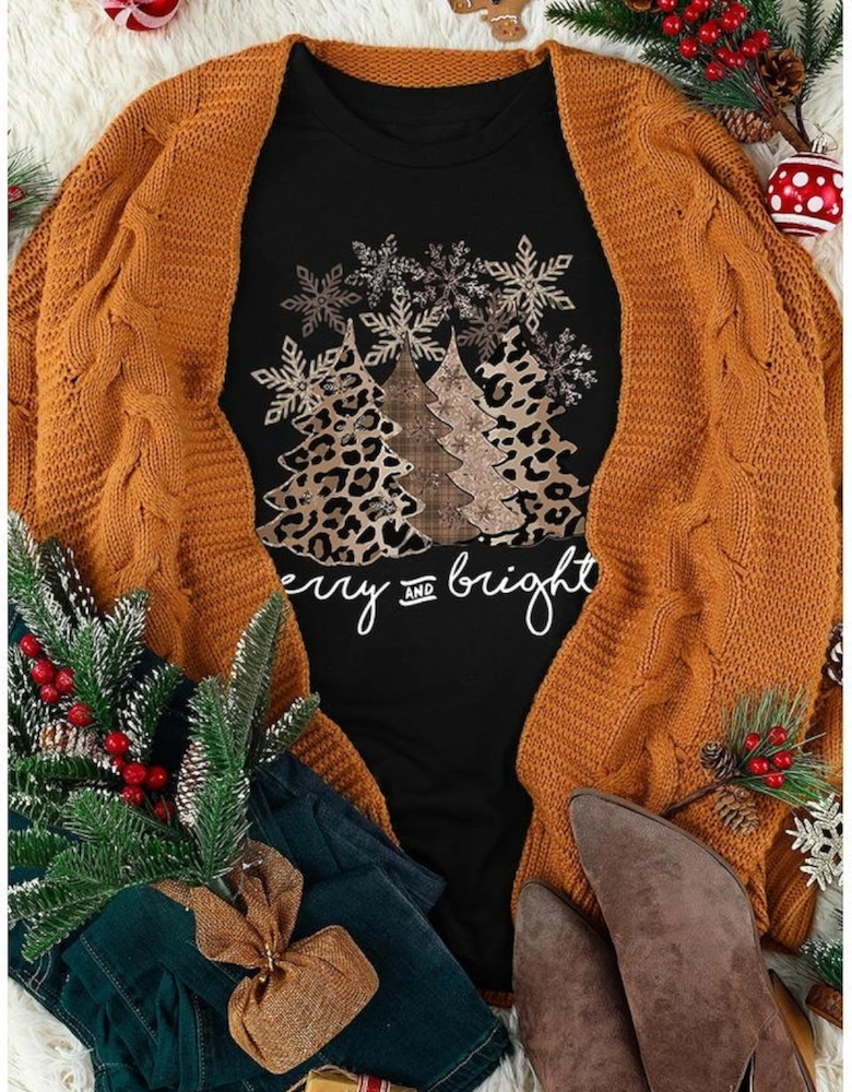 Black Leopard Christmas Tree Graphic Crew Neck T Shirt