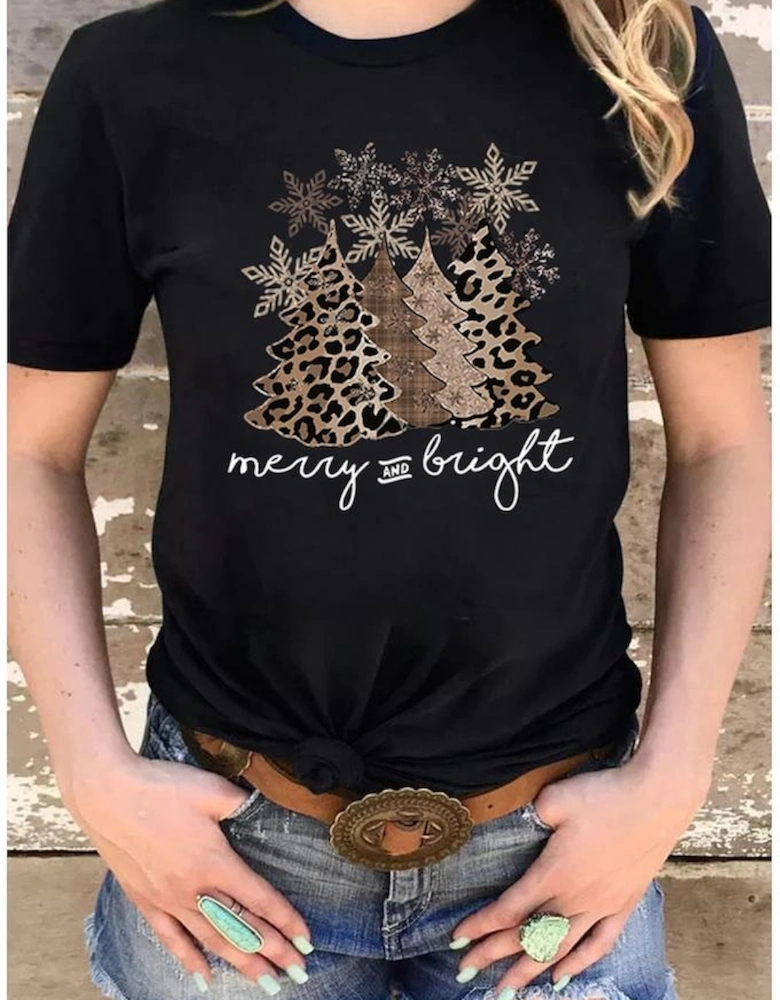 Black Leopard Christmas Tree Graphic Crew Neck T Shirt