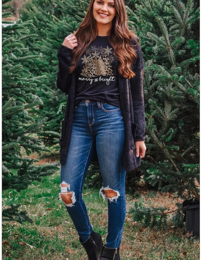 Black Leopard Christmas Tree Graphic Crew Neck T Shirt