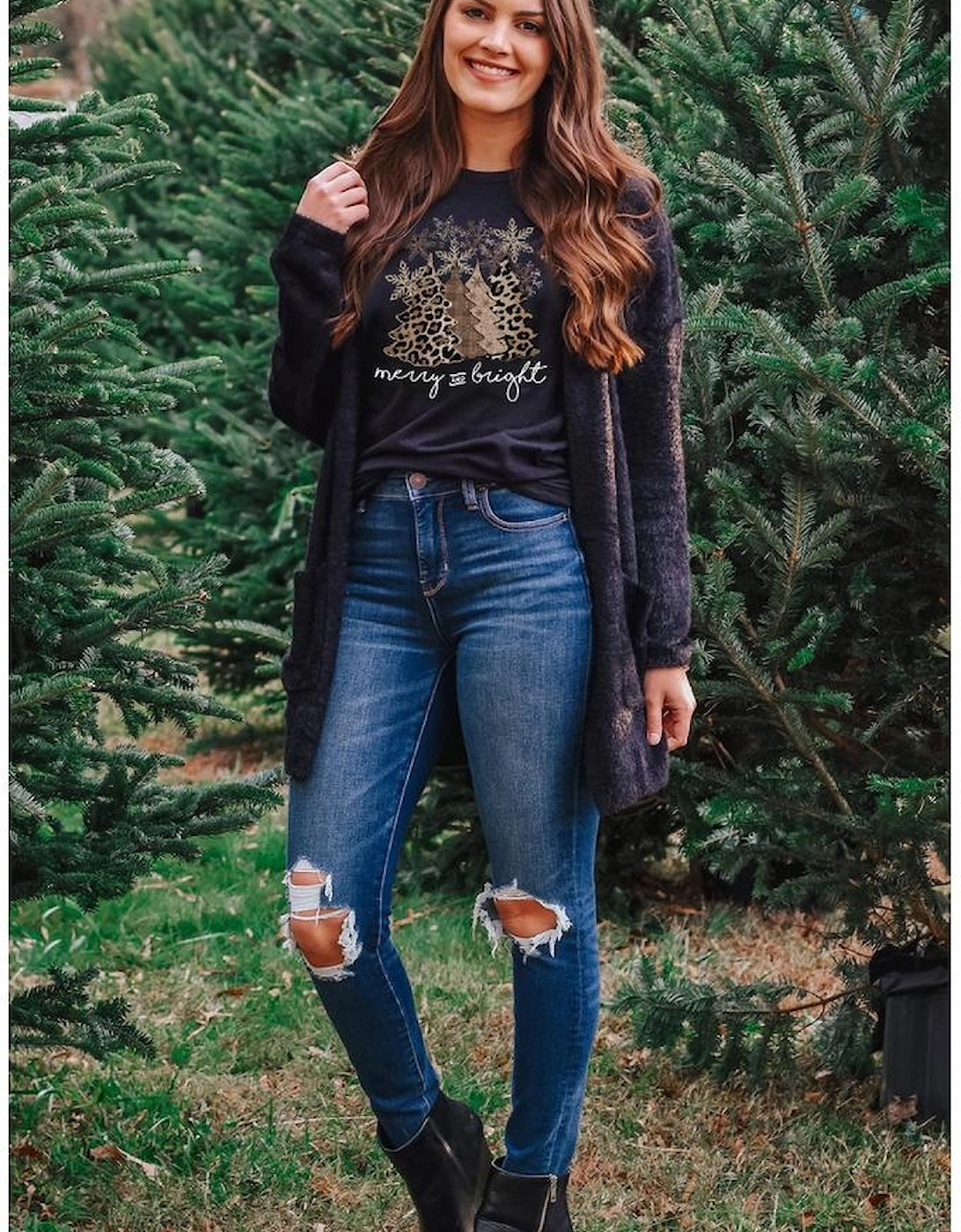 Black Leopard Christmas Tree Graphic Crew Neck T Shirt