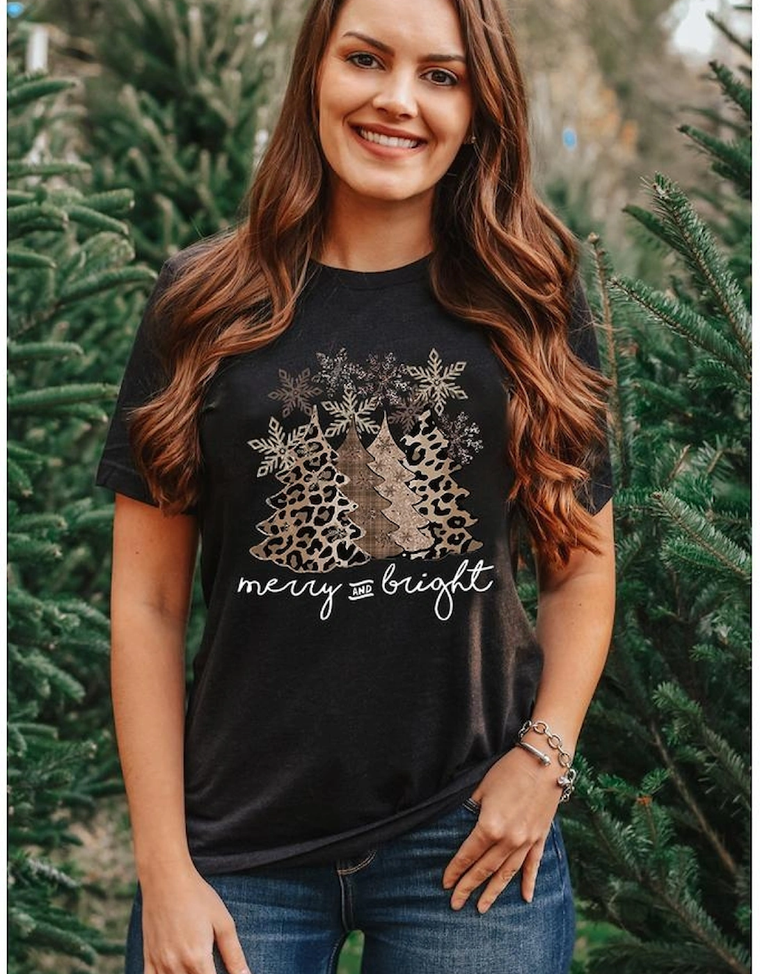 Black Leopard Christmas Tree Graphic Crew Neck T Shirt