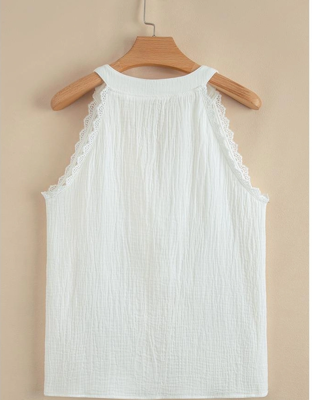 White Textured Lace Trim Pure Cotton Sleeveless Top